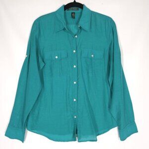 LAUREN RALPH LAUREN Women’s SILK Blend Shirt Green 2 Pockets‎ Long Sleeve MEDIUM